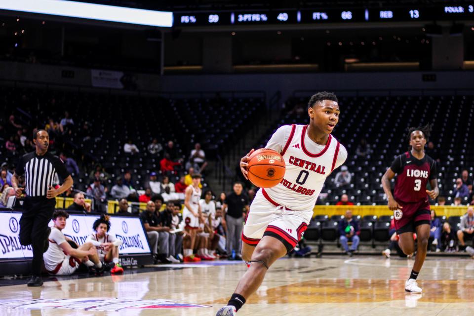 Central’s Keion Epps dribbles the ball down the court during the MSHSAA Class 6 semifinal against Cardinal Ritter at Mizzou Arena on Mar. 15, 2024, in Columbia, Mo.