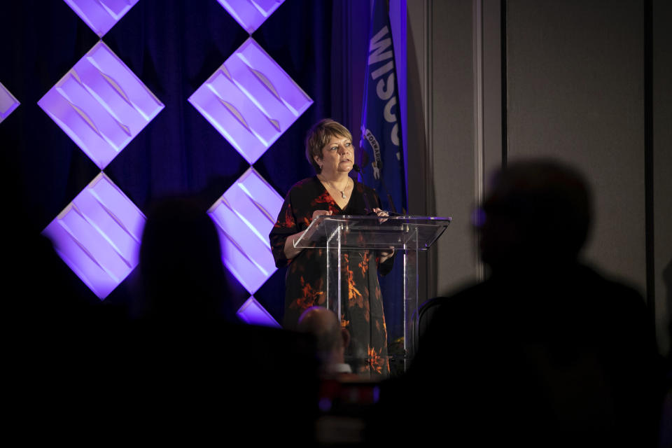 Milwaukee County Judge Janet Protasiewicz speaks during the Wisconsin Counties Association Legislative Conference at the Madison Concourse Hotel in Madison, Wis., Wednesday, March 1, 2023. (Samantha Madar/Wisconsin State Journal via AP)