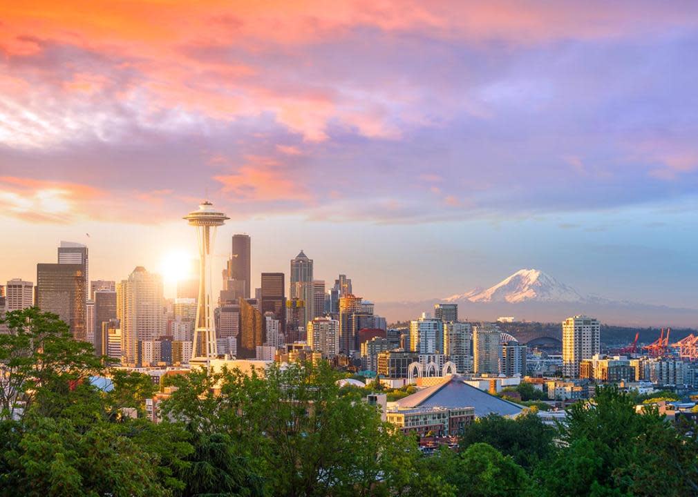 sunset over seattle, washington with mountains in background