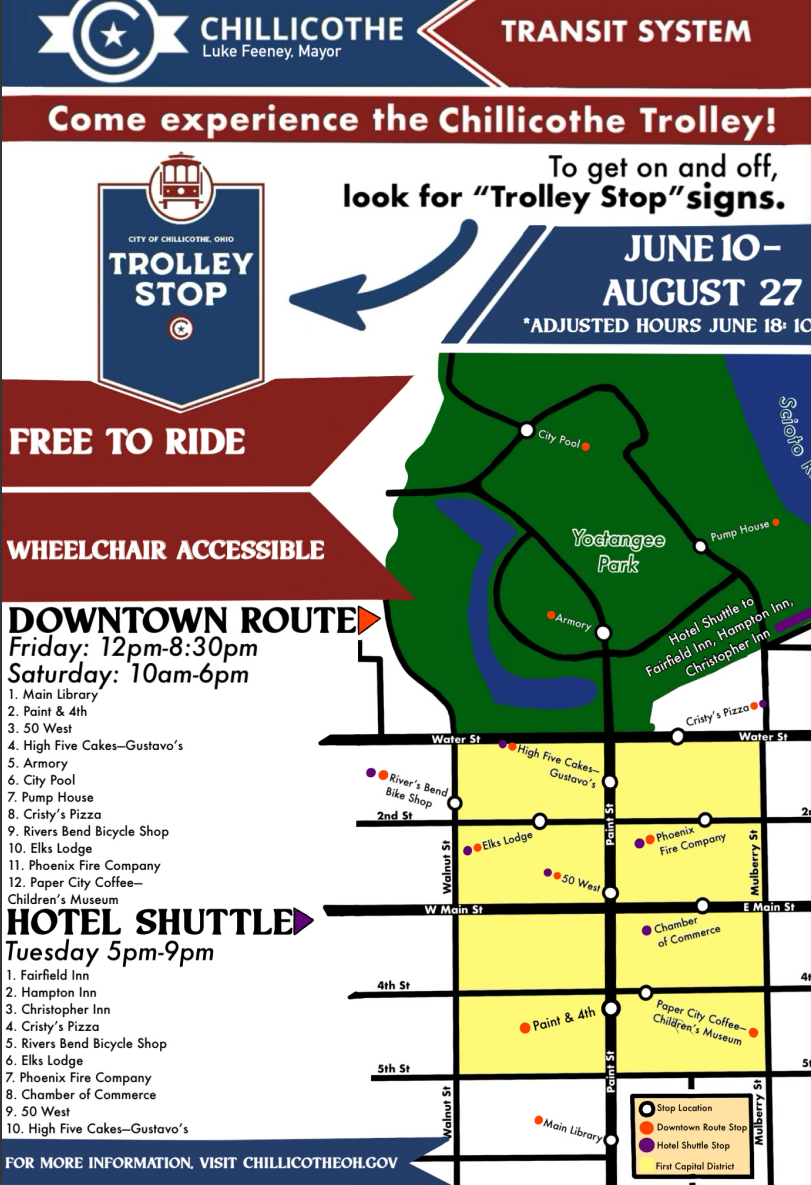 A list of trolley stops this summer for the Chillicothe Transit System's new trackless trolley.