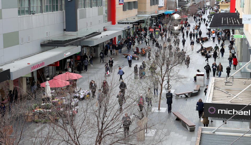 Pedestrians are seen in Rundle Mall in Adelaide.