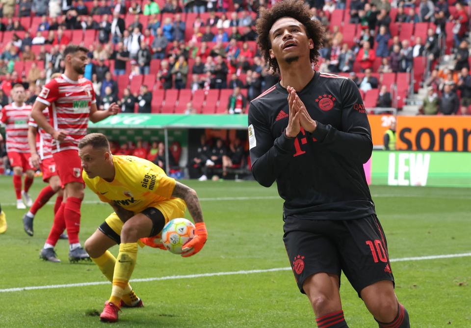 AUGSBURG, GERMANY - SEPTEMBER 17: Leroy Sane of München reacts during the Bundesliga match between FC Augsburg and FC Bayern München at WWK-Arena on September 17, 2022 in Augsburg, Germany. (Photo by Alexander Hassenstein/Getty Images)