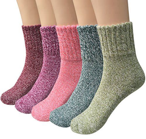 Loritta 5 Pairs Womens Thick Knit Wool Crew Socks