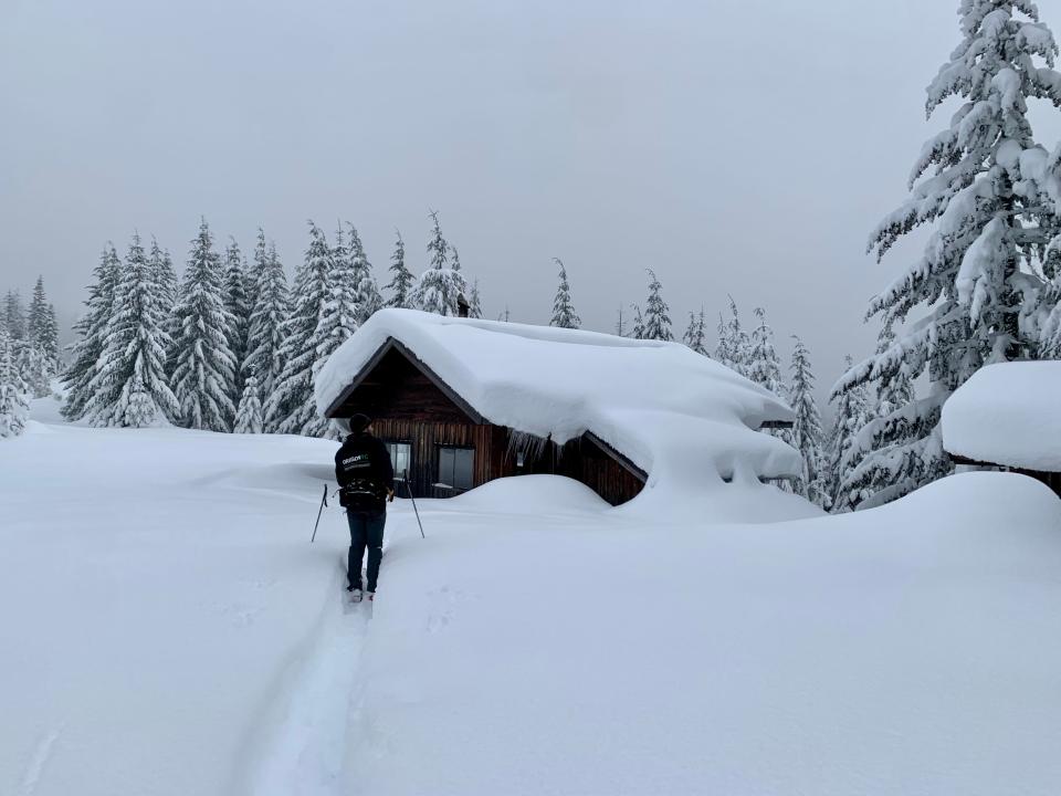 Snow piled high after the recent winter storms on Mountain View Shelter at Maxwell Sno-Park east of Salem in the Cascade Mountains in December 2021.