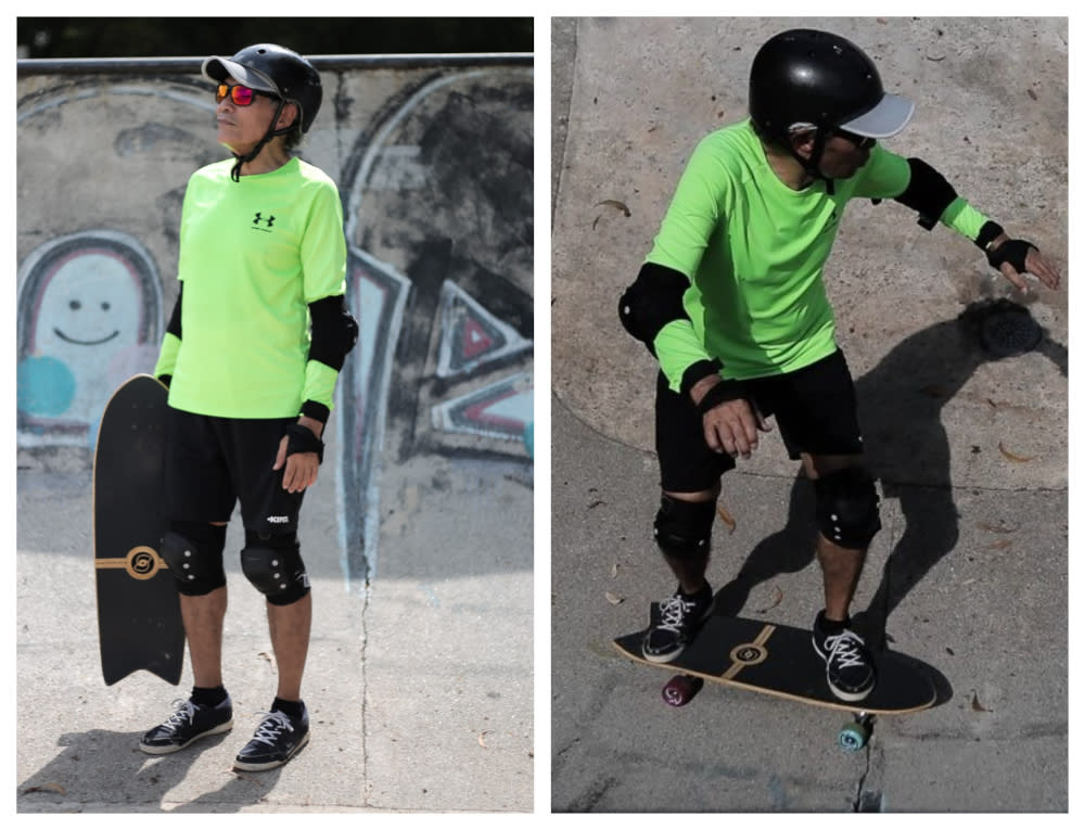 Abdul Rahim Anuar loves being on a surf skateboard as it allows him to make more turns as compared to a skateboard. — Picture by Ahmad Zamzahuri