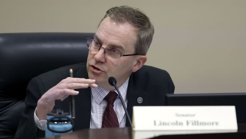 Sen. Lincoln Fillmore, R-South Jordan, presents SB114, Public School Curriculum Requirements, during a Senate Education Committee meeting in the Senate Building in Salt Lake City on Jan. 27, 2022.