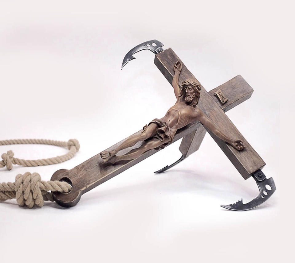 <em>Works – items for sale in the Walled Off hotel’s gift shop include crucifix grappling hooks (Pictures: Walled Off Hotel)</em>