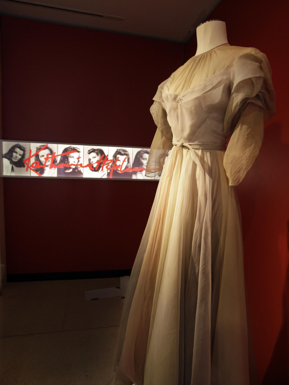 A gown by Valentina, from the 1942 production of "Without Love," is shown as part of the "Katharine Hepburn: Dressed for Stage and Screen" exhibit in the New York Public Library for the Performing Arts at Lincoln Center, Tuesday, Oct. 16, 2012. (AP Photo/Richard Drew)
