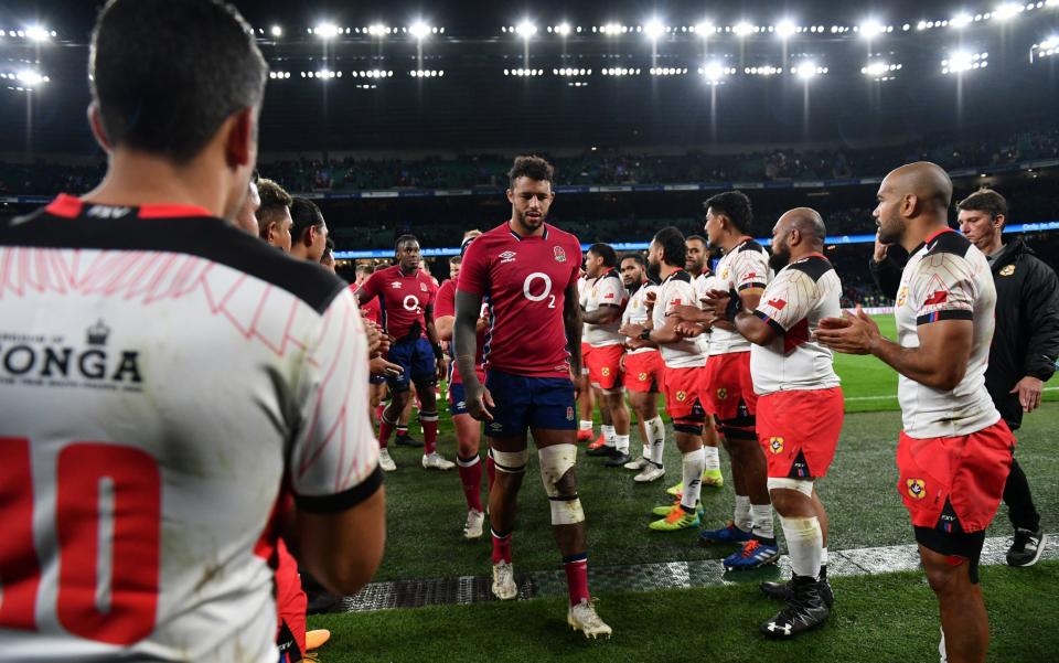 Courtney Lawes of England leads their team through the guard of honor following the Autumn Nations Series match between England and Tonga at Twickenham Stadium on November 06, 2021 in London, England. - GETTY IMAGES