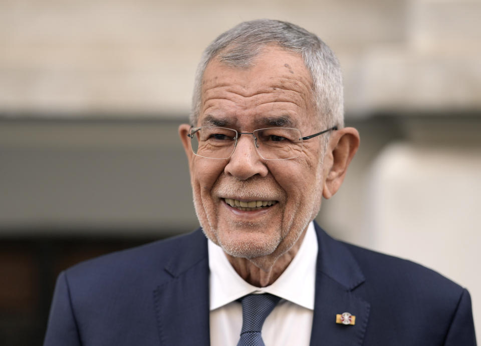 Austrian President Alexander Van der Bellen looks on after casting his vote for the Austrian Presidential election in Vienna, Austria, Sunday, Oct. 9, 2022. Austria's liberal president is hoping to be re-elected on Sunday without the need for a runoff vote after a campaign in which he has cast himself as the stable option in uncertain times. (AP Photo/Markus Schreiber)