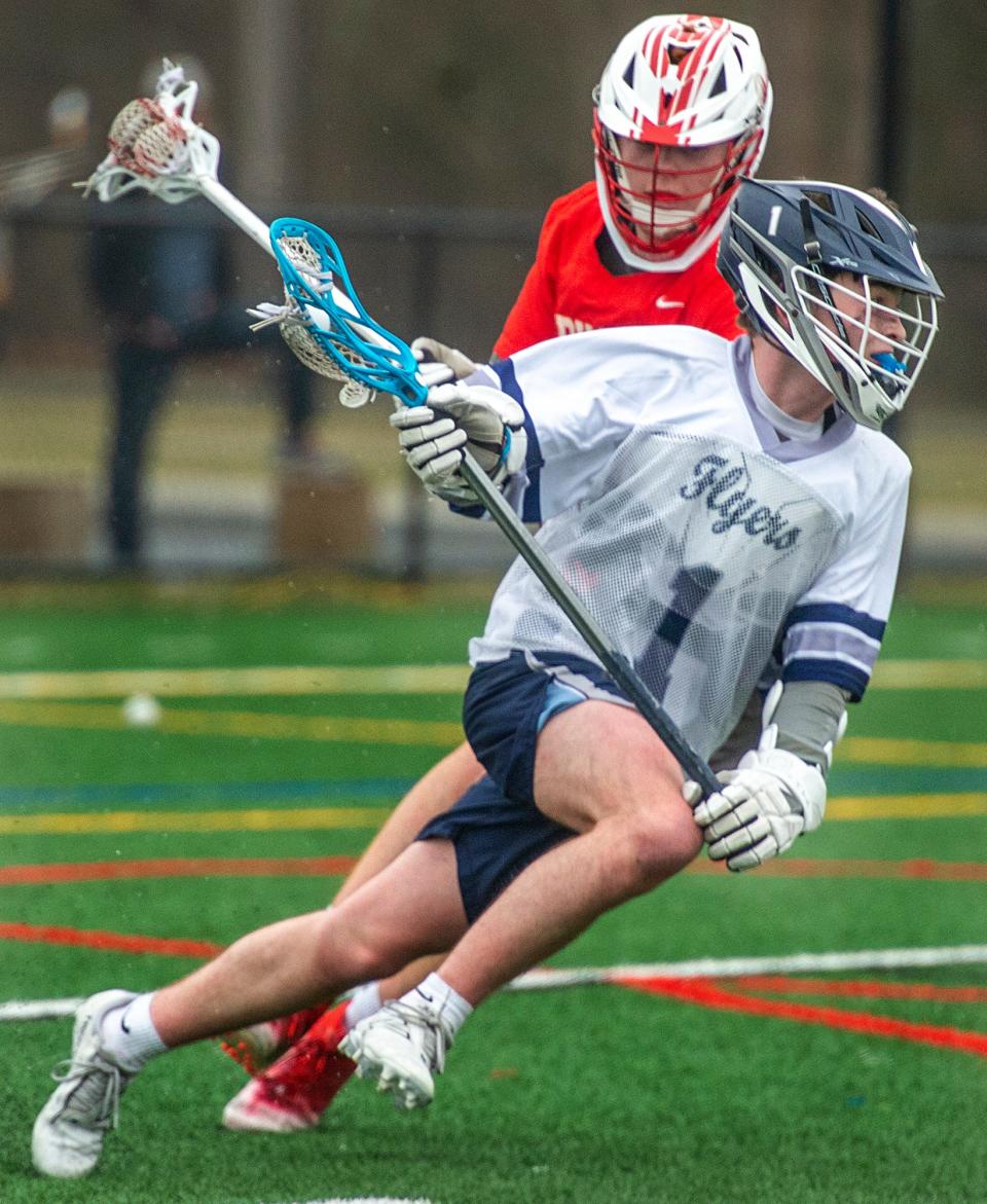 Framingham High School freshman Matt Treacy scored five goals against Natick at Fuller Field, April 11, 2024. The Flyers went on to win in overtime, 8-7, on Treacy's fifth goal.