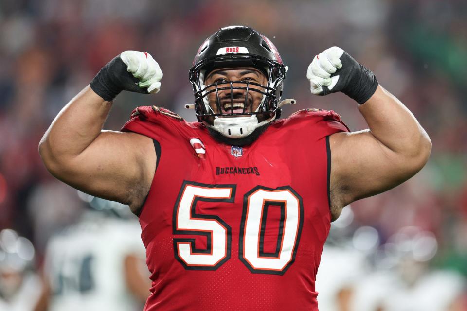 Tampa Bay Buccaneers defensive tackle Vita Vea reacts after a play against the Philadelphia Eagles.