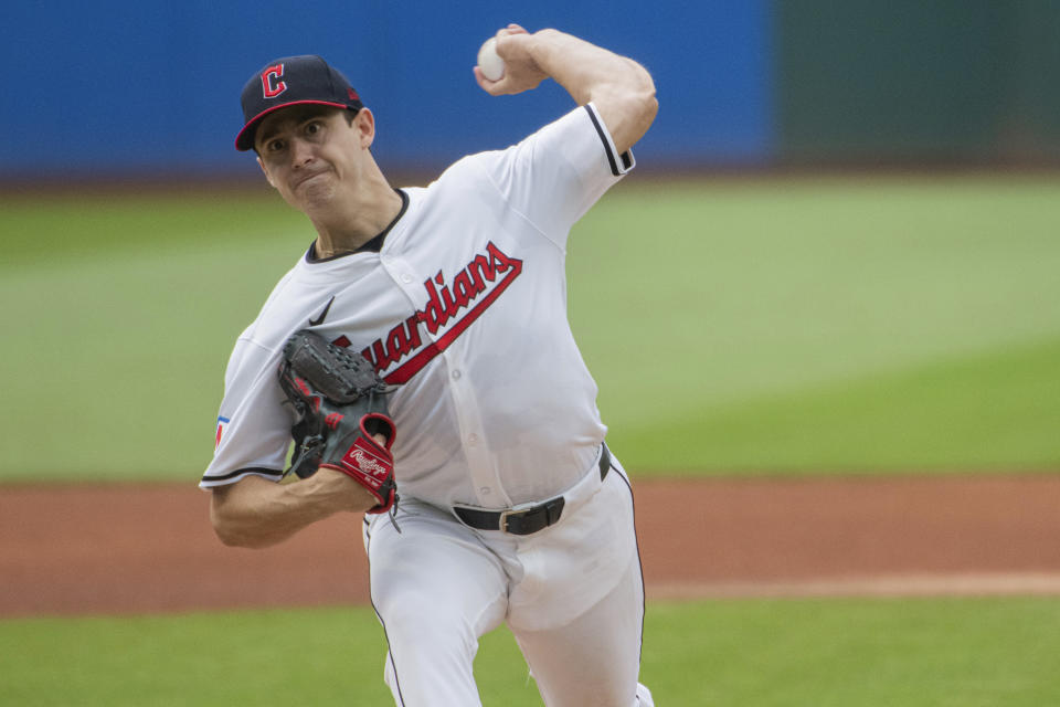Cleveland Guardians starting pitcher Logan Allen delivers during the first inning of a baseball game against the San Francisco Giants in Cleveland, Saturday, July 6, 2024. (AP Photo/Phil Long)