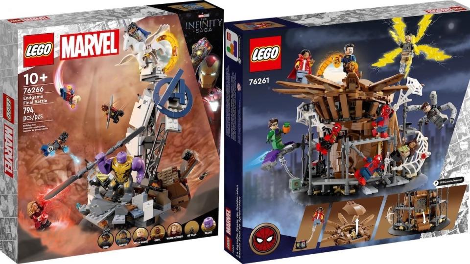 Two boxes with action-packed images for the sets for LEGO Final Battle sets for Endgame and No Way Home