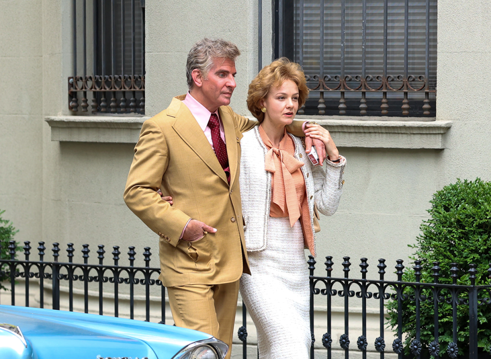 Bradley Cooper wearing a prosthetic nose, grey wig and wrinkles while filming a scene in New York’s Central Park alongside his co-star Carey Mulligan.