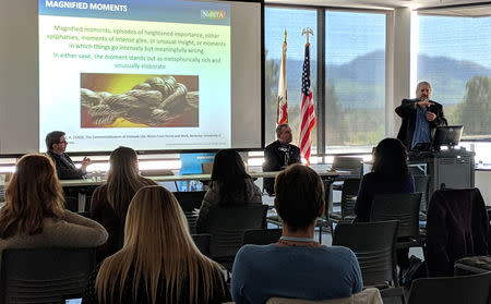 Brian Van Brunt, executive director of the National Behavioral Intervention Team Association (BIT), speaks to attendees at a conference organized by his group in Pleasant Hill, California, on April 12, 2019. REUTERS/Alissa Greenberg