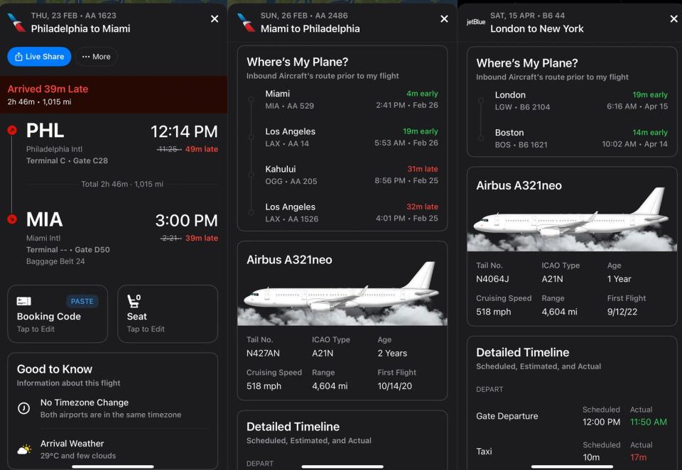 Screenshots show flight data on Flighty.