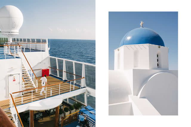 <p>Federico Ciamei</p> From left: Riviera cruising the Adriatic; the Church of St. George in Perivolas, on Santorini.