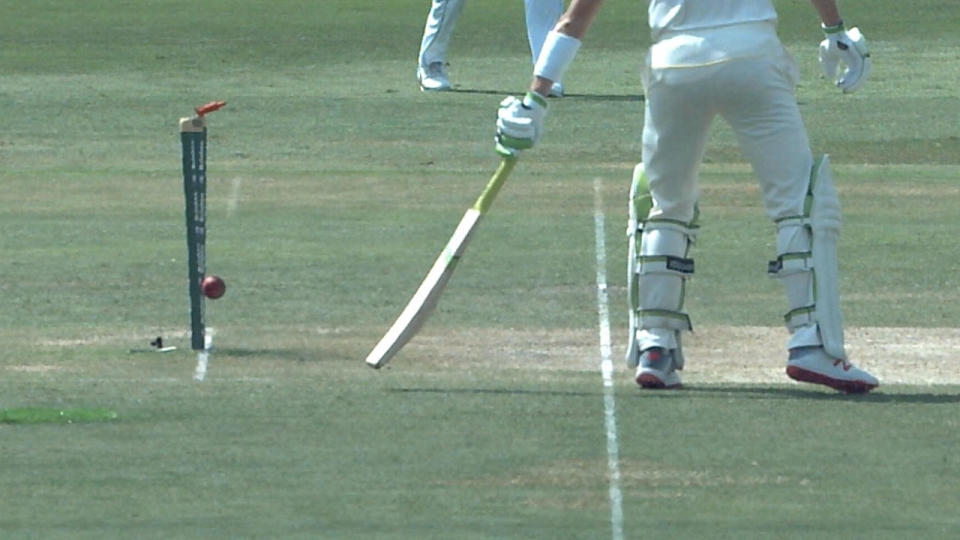 Marnus Labuschagne was run out in freakish circumstances but he only had himself to blame. Pic: Fox Sports