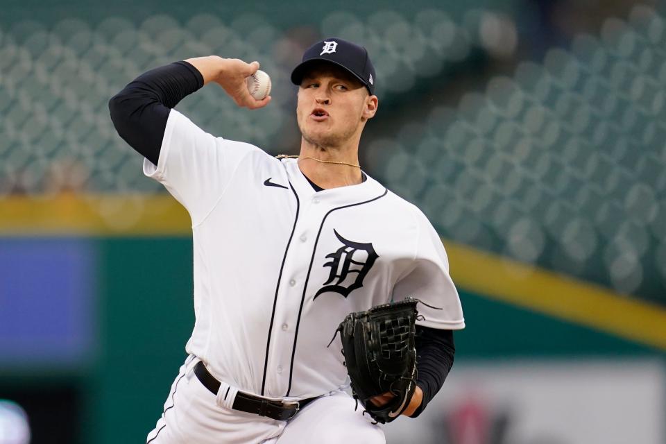 Detroit Tigers pitcher Matt Manning (25) throws against the Boston Red Sox in the first inning of a baseball game in Detroit, Monday, April 11, 2022.