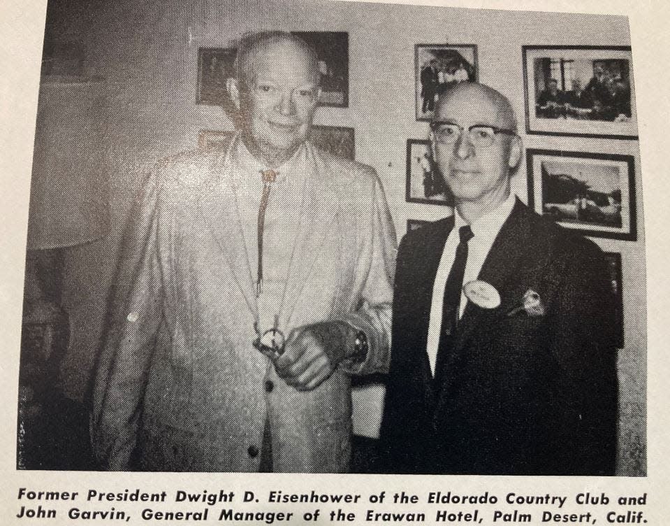 A May 1965 newspaper clipping showing former President Dwight D. Eisenhower, left, with John Garvin, general manager of the Erawan Garden Hotel. Indian Wells was not yet incorporated, and was often called "Palm Desert."