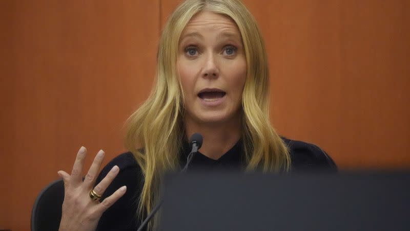 Gwyneth Paltrow testifies during her trial Friday in Park City. Paltrow is accused in a lawsuit of crashing into a skier during a 2016 family ski vacation, leaving him with brain damage and four broken ribs.