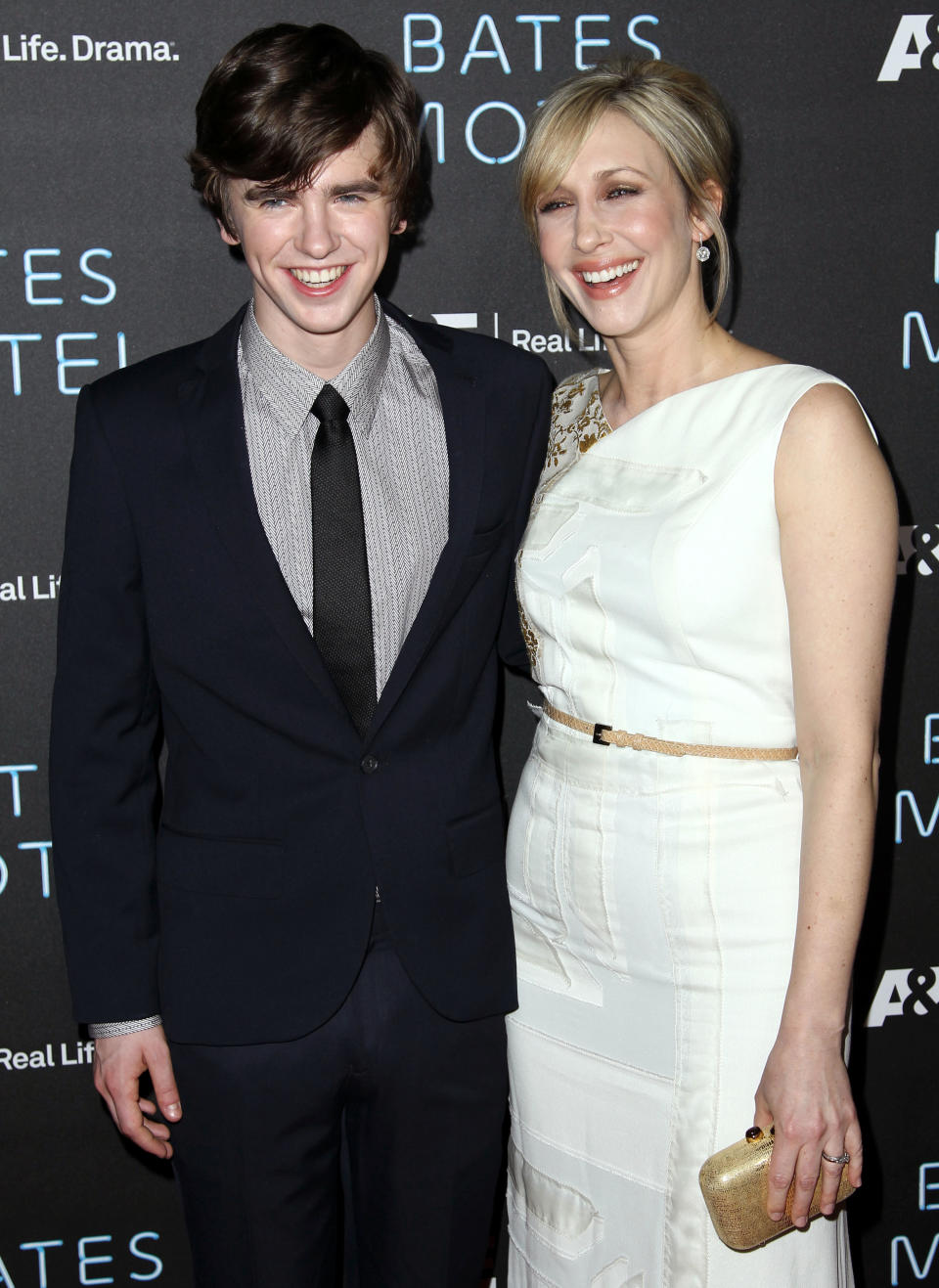 FILE - This March 12, 2013 file photo shows cast members Freddie Highmore, left, and Vera Farmiga at the premiere of the A&E television series "Bates Motel" in Los Angeles. The second season premieres March 3 at 9 p.m. EST. (Photo by Matt Sayles/Invision/AP, File)