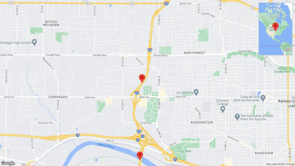 A detailed map that shows the affected road due to 'Lane on I-635 closed in Kansas City' on July 18th at 11:25 p.m.