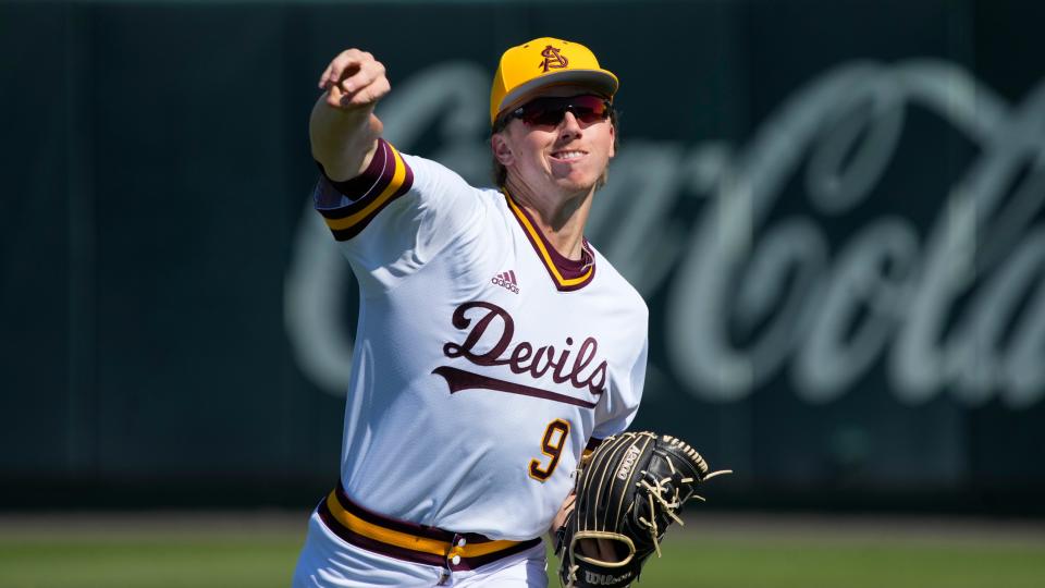 Arizona State pitcher Blake Pivaroff (9) during an NCAA baseball game against BYU on Saturday, Feb. 26, 2022, in Tempe, Ariz.