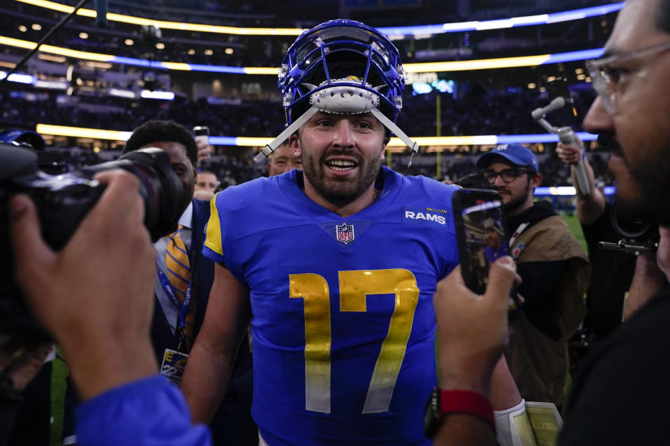 Los Angeles Rams quarterback Baker Mayfield reacts after the Rams defeated the Las Vegas Raiders 17-16 in an NFL football game Thursday, Dec. 8, 2022, in Inglewood, Calif. (AP Photo/Marcio Jose Sanchez)