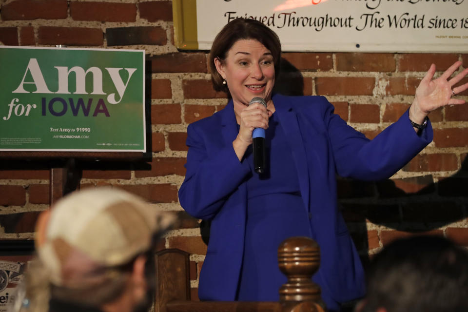 Democratic presidential candidate Sen. Amy Klobuchar, D-Minn., addresses a gathering at Barley's Taproom in Council Bluffs, Iowa, Tuesday, Jan. 28, 2020. (AP Photo/Gene J. Puskar)