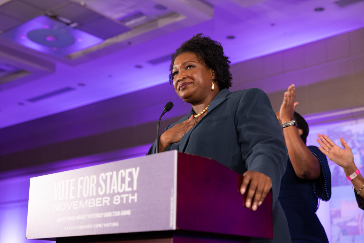 ATLANTA, GA - NOVEMBER 08:  Democratic gubernatorial candidate Stacey Abrams makes a concession speech to supporters at an election-night party on November 8, 2022 in Atlanta, Georgia. Abrams lost in her bid for governor to incumbent Gov. Brian Kemp in a rematch of their 2018 race.  (Photo by Jessica McGowan/Getty Images)