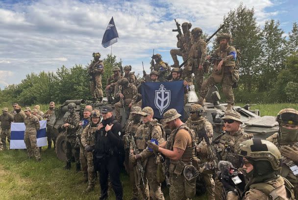 PHOTO: Fighters with the paramilitary groups that identify themselves at the Russian Volunteer Corps and the Free Russia Legion, meet with members of the press in northern Ukraine, near the Russian border, May 24, 2023. (Tom Soufi Burridge/ABC News)