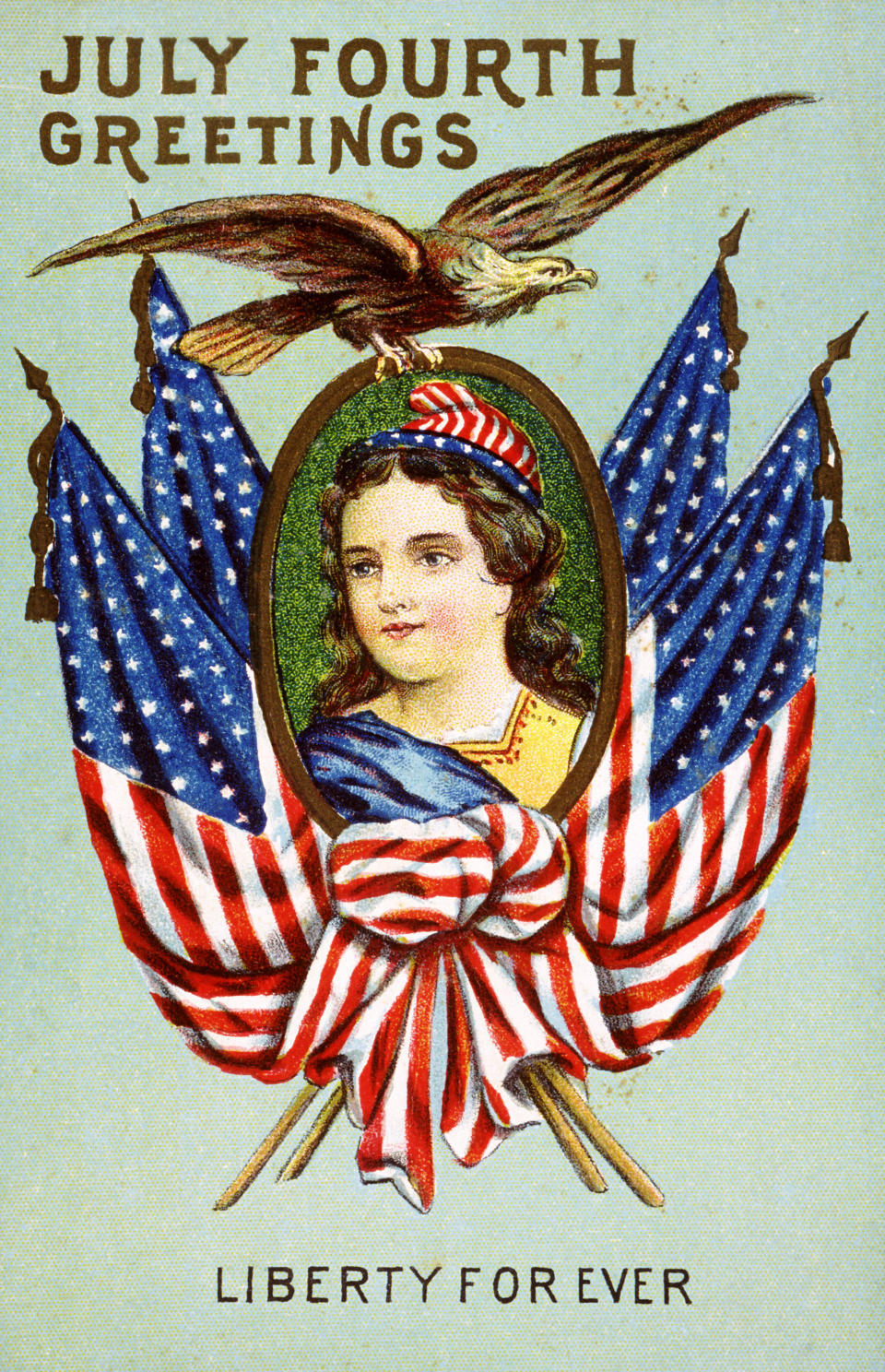 <p>“July Fourth Greetings: Liberty Forever” vintage postcard. (Photo: K.J. Historical/CORBIS/Corbis via Getty Images) </p>