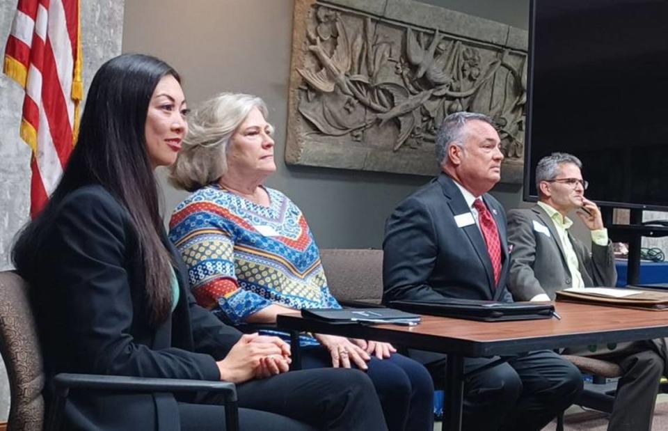 Wichita mayoral challengers Lily Wu, Celeste Racette, Bryan Frye and Jared Cerullo field questions from the Sedgwick County Republican Party on Thursday. Mayor Brandon Whipple was not invited to the forum.
