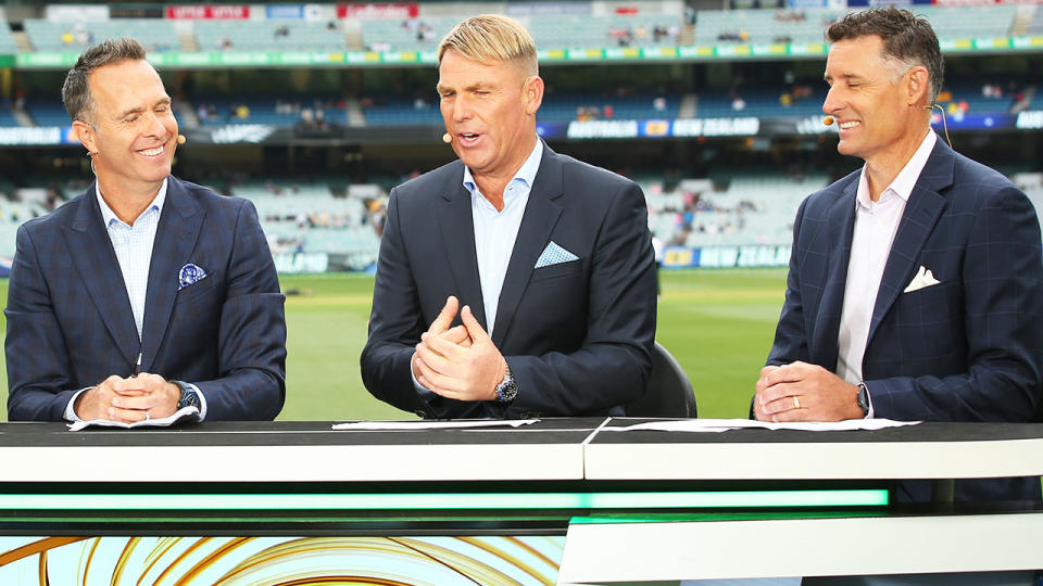 Mike Hussey, pictured here with Michael Vaughan and Shane Warne in 2019.