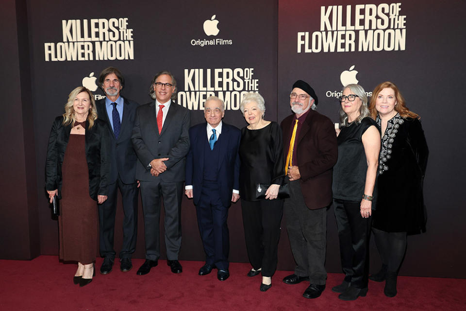 (L-R) Jacqueline West, Jack Fisk, Rodrigo Prieto, Martin Scorsese, Thelma Schoonmaker, Mark Ulano, Ellen Lewis, and Rene Hayes attend Apple's "Killers of the Flower Moon" New York premiere at Alice Tully Hall, Lincoln Center on September 27, 2023 in New York City.