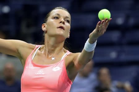 Sep 5, 2016; New York, NY, USA; Agnieszka Radwanska of Poland serves against Ana Konjuh of Croatia (not pictured) on day eight of the 2016 U.S. Open tennis tournament at USTA Billie Jean King National Tennis Center. Mandatory Credit: Geoff Burke-USA TODAY Sports