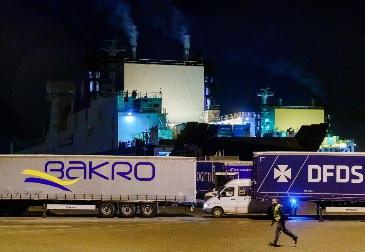 A picture taken on November 19, 2019 shows a ship where 25 stowaways where found onboard, in the harbour of Vlaardingen, The Netherlands. - The ferry, en route to the UK, returned to The Netherlands after the stowaways were found. (Photo by Marco DE SWART / ANP / AFP) / Netherlands OUT (Photo by MARCO DE SWART/ANP/AFP via Getty Images)