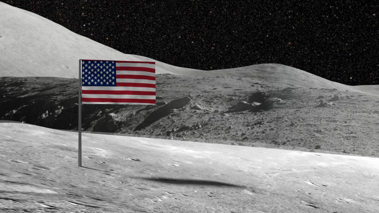 American flag stuck in the rocky moon surface with stars and moonscape in the background 3D illustration
