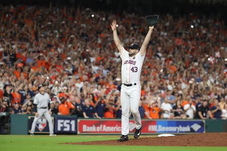 Oct 21, 2017; Houston, TX, USA; Houston Astros relief pitcher Lance McCullers Jr. (43) celebrates after throwing the finial pitch in the ninth inning during game seven of the 2017 ALCS playoff baseball series to defeat the New York Yankees at Minute Maid Park. Thomas B. Shea-USA TODAY Sports