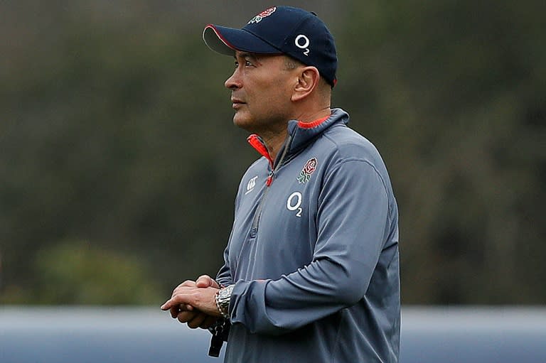 England's head coach Eddie Jones takes a team training session at Pennyhill Park in Bagshot, west of London on March 16, 2017