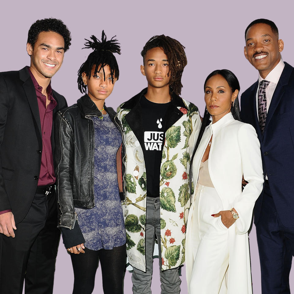 Will Smith, right, and wife Jada Pinkett Smith, second from right, with their children (L-R) Trey (with Smith's ex Sheree Zampino), Willow and Jaden. (TODAY Photo Illustration / Getty Images)