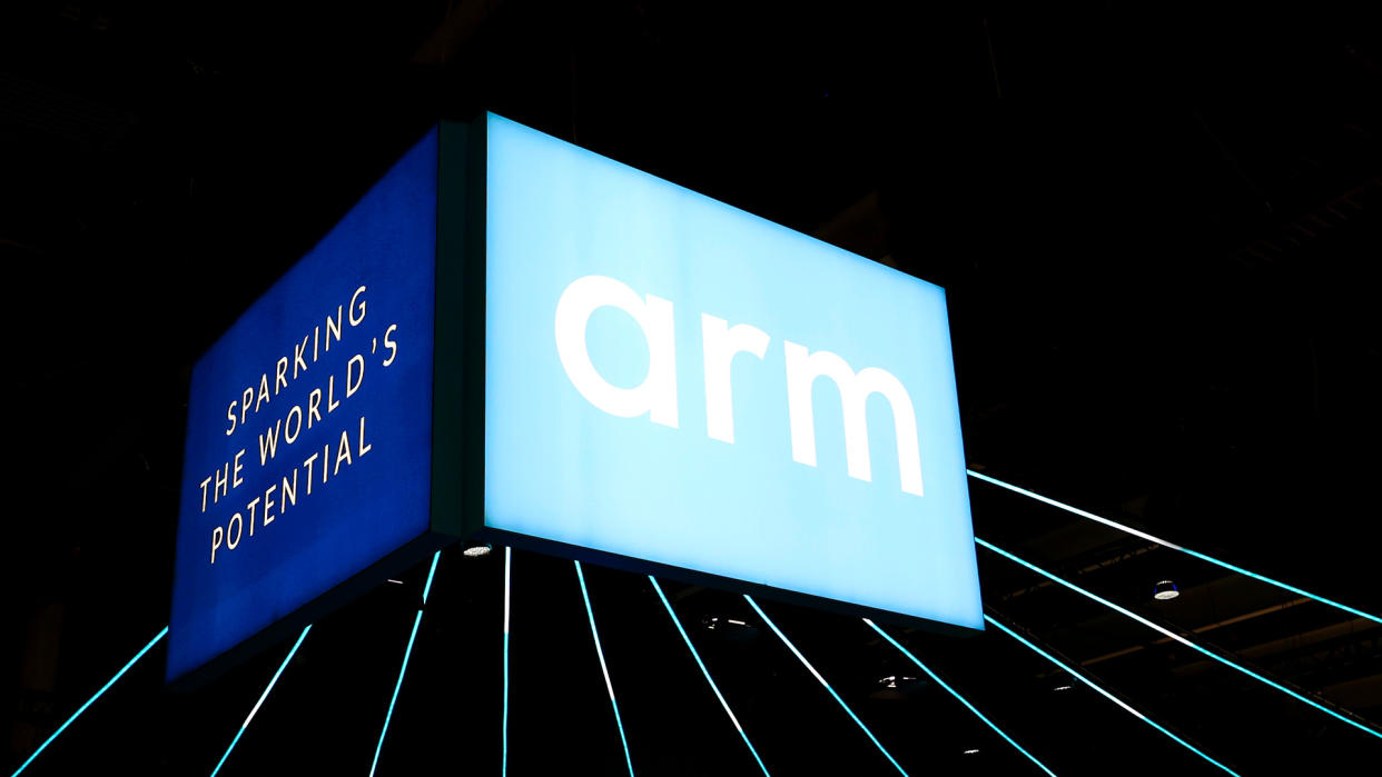  ARM logo exhibited at ARM stand during the Mobile World Congress (MWC). 