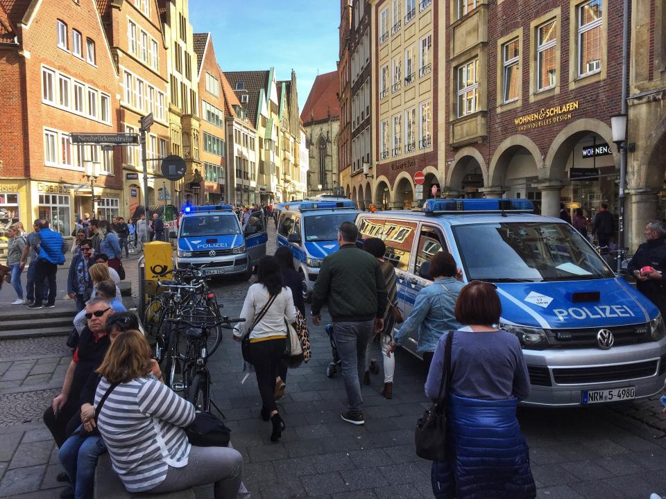 <p>Police vans stand in downtown Muenster, Germany, Saturday, April 7, 2018. (Photo: dpa via AP) </p>