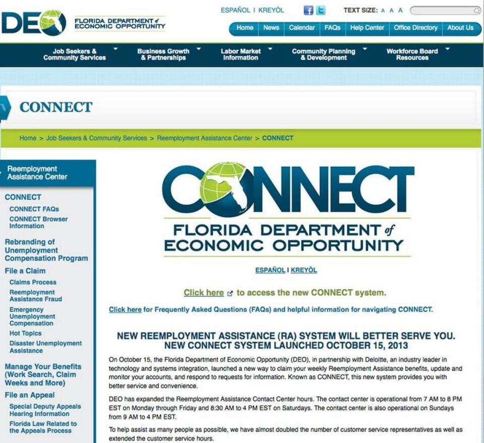 A screenshot of CONNECT, Florida’s $63 million unemployment insurance website.