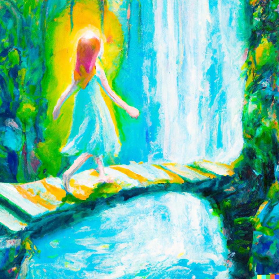 DALL·E AI-generated image of a bright painting of a girl walking over a bridge into a waterfall that opens into another dimension