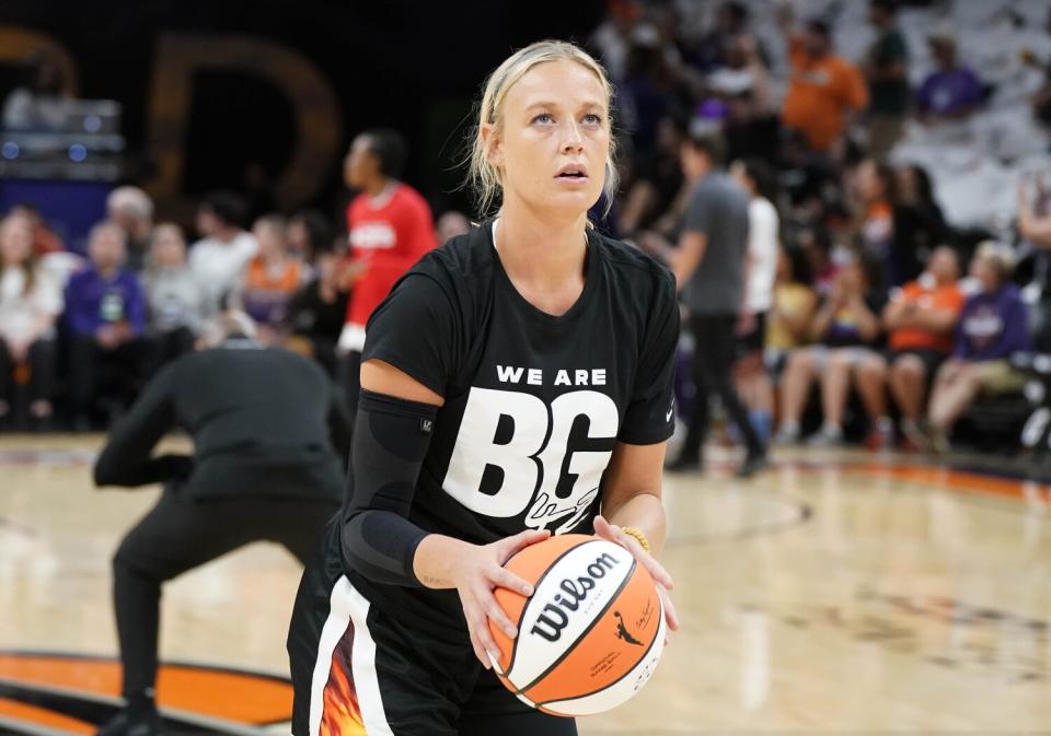 Phoenix Mercury guard Sophie Cunningham wears a T-shirt in support of Brittney Griner.