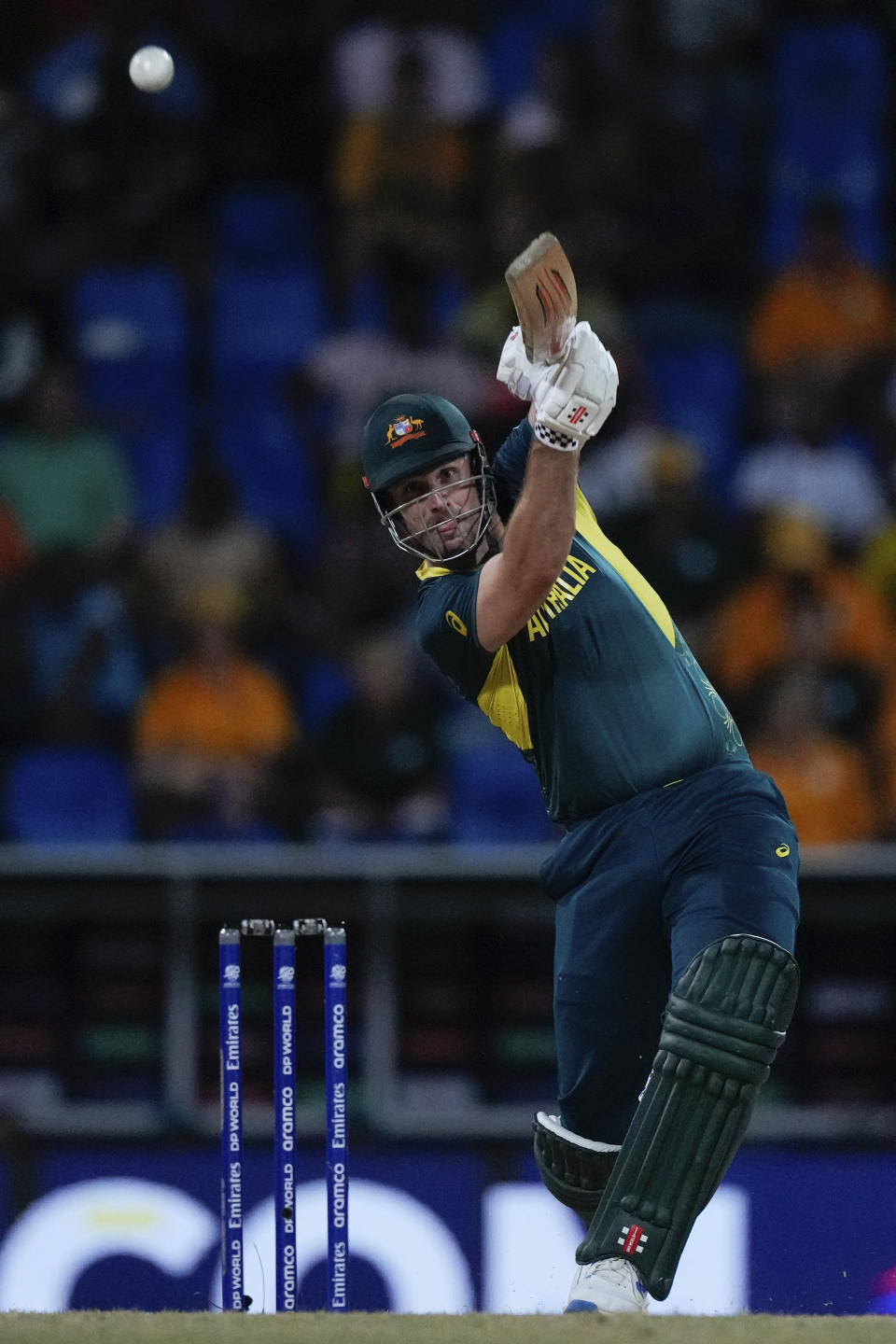 Australia's captain Mitchell Marsh plays a shot against Namibia during an ICC Men's T20 World Cup cricket match at Sir Vivian Richards Stadium in North Sound, Antigua and Barbuda, Tuesday, June 11, 2024. (AP Photo/Ricardo Mazalan)