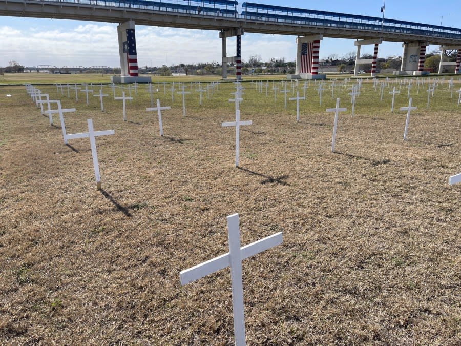 Over 700 wooden crosses have been put at Shelby Park in Eagle Pass, Texas, by the banks of the Rio Grande, in honor of migrants who died trying to cross the Southwest border from Mexico. (Sandra Sanchez/Border Report)